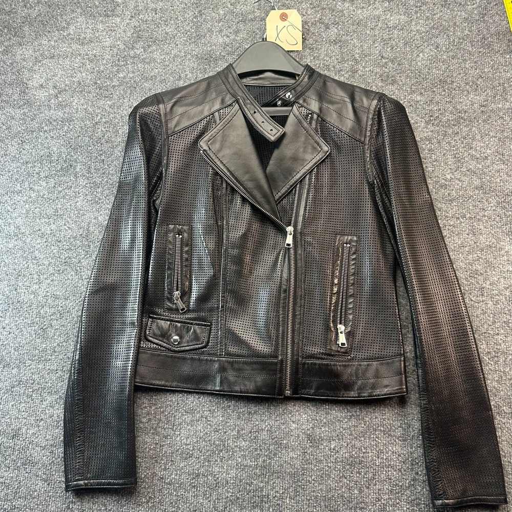 Womens Perforated Genuine Leather Biker Motorcycle Jacket Black Asymmetrical Zip